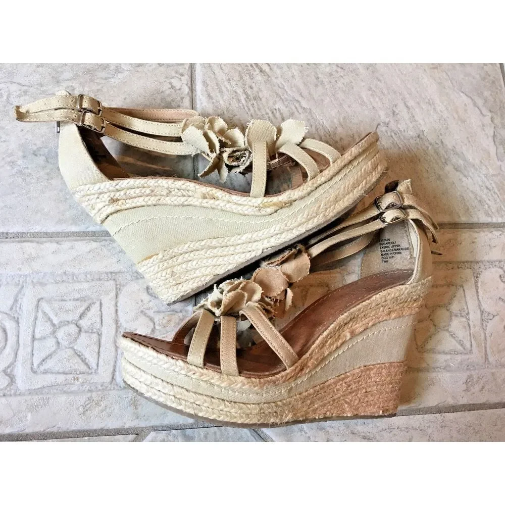 Nine West Women's Burlap Wedge Open Toe Sandals - sz 7.5 with flowers‎